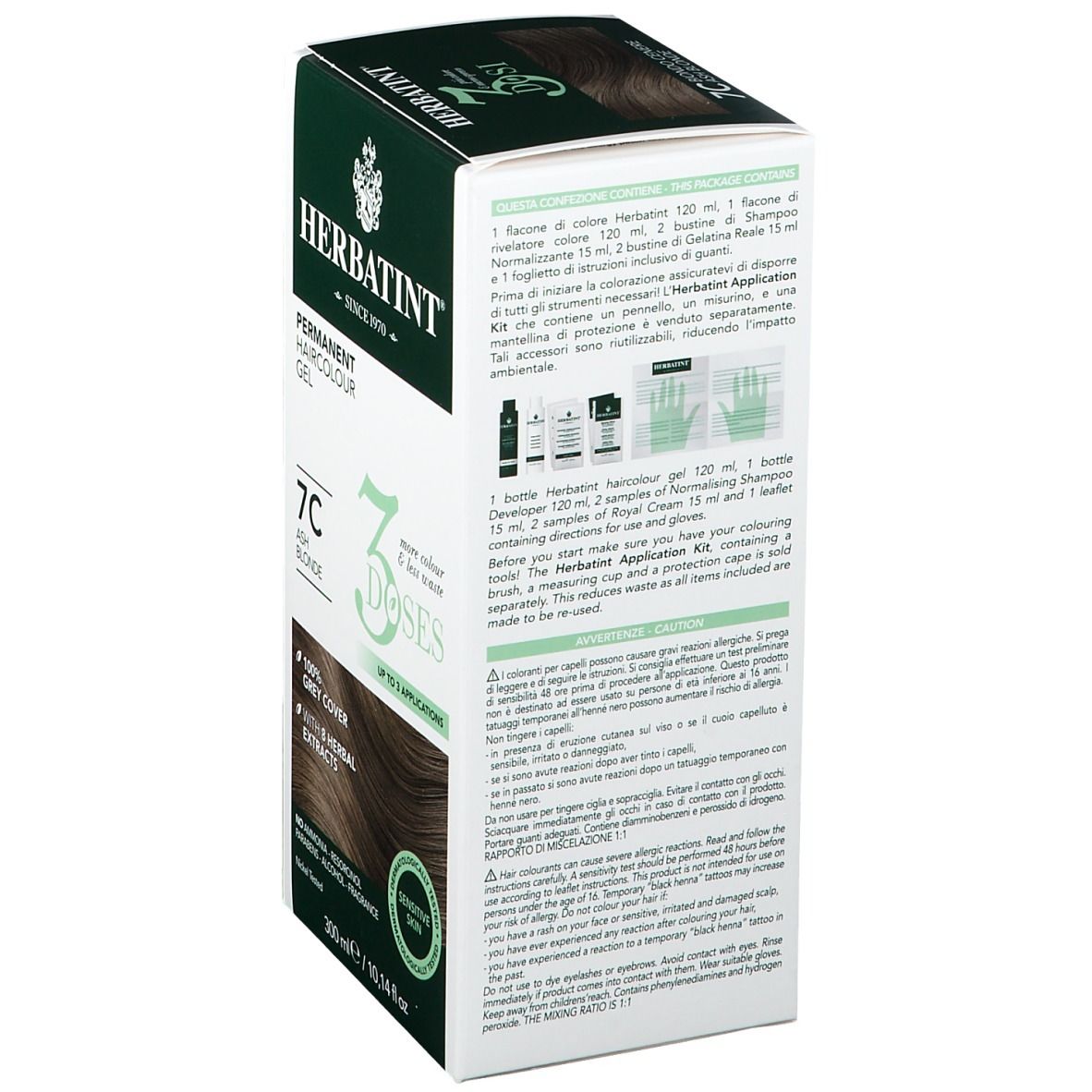 Retro della scatola HERBATINT® 7C. Contiene: colorazione, rivelatore, Royal Cream. Istruzioni per l'uso.
