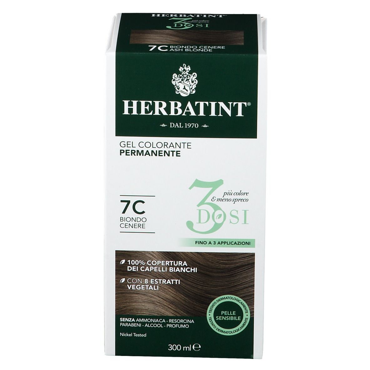 Scatola HERBATINT® 7C Biondo Cenere. 3 dosi. Copertura 100% capelli bianchi. Pelle sensibile. 300 ml.