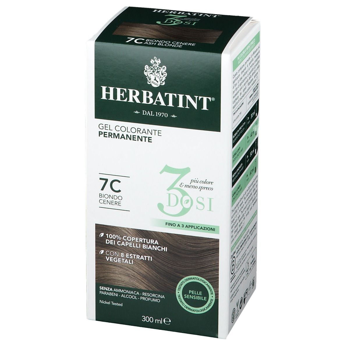 Scatola HERBATINT® 7C Biondo Cenere. 3 dosi. Copertura 100% capelli bianchi. Pelle sensibile. 300 ml.