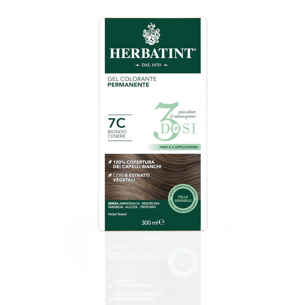 Scatola di colorazione per capelli HERBATINT® 7C Biondo Cenere. 3 dosi. Fino a 3 applicazioni. Copertura 100% capelli bianchi. 300 ml.