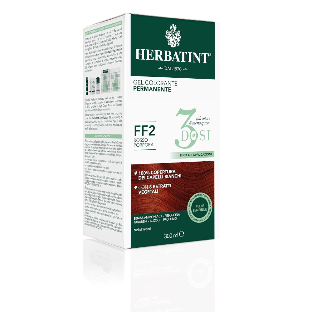 HERBATINT® FF2 Rosso Porpora. Confezione gel colorante permanente. 3 dosi. Copertura 100% capelli bianchi. 300 ml.