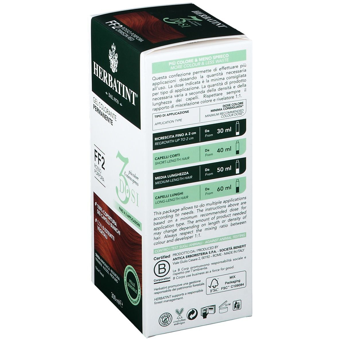 Retro confezione HERBATINT® FF2. Istruzioni di dosaggio per diverse lunghezze di capelli. Certificazione FSC. 30 ml, 40 ml, 50 ml, 60 ml.