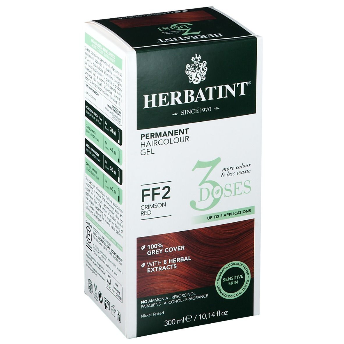 HERBATINT® FF2 Rosso Cremisi. Gel colorante. 3 dosi. Copertura 100% capelli bianchi. 300 ml.
