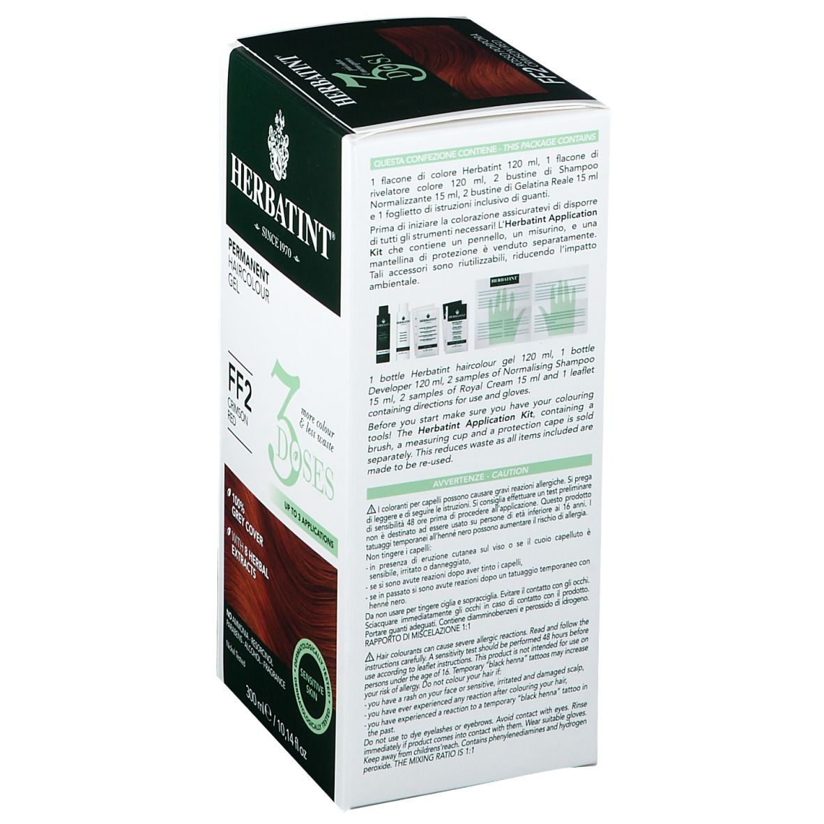 Retro confezione HERBATINT® FF2. Istruzioni per l'uso. Contiene: colorante, rivelatore, shampoo, crema reale. 300 ml.