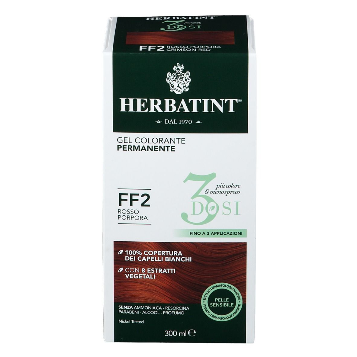 HERBATINT® FF2 Rosso Porpora. Gel colorante. 3 dosi. Copertura 100% capelli bianchi. 300 ml. Per pelli sensibili.