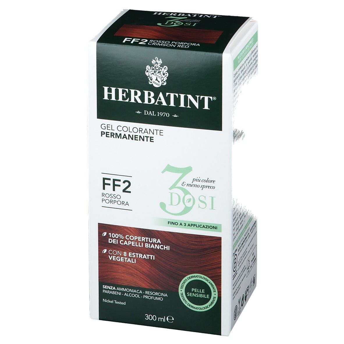 HERBATINT® FF2 Rosso Porpora. Gel colorante. 3 dosi. Copertura 100% capelli bianchi. 300 ml. Per pelli sensibili.