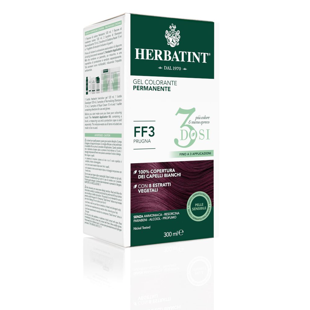 Confezione HERBATINT® Gel Colorante Permanente FF3 Prugna. 3 dosi, 300 ml. Copertura 100% capelli bianchi.