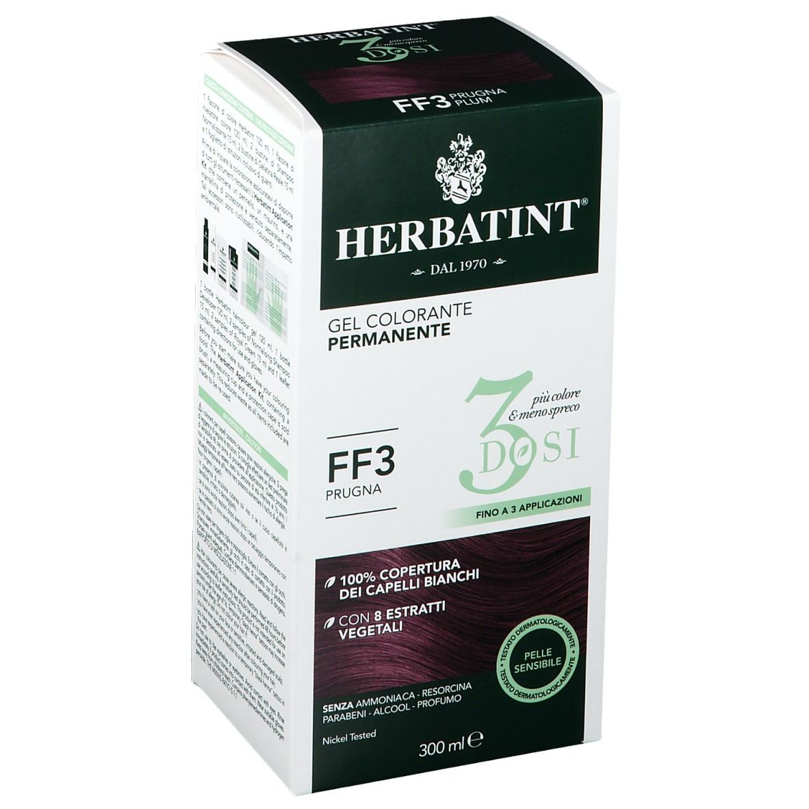 Confezione HERBATINT® Gel Colorante Permanente FF3 Prugna. 3 dosi, fino a 3 applicazioni. 300 ml.