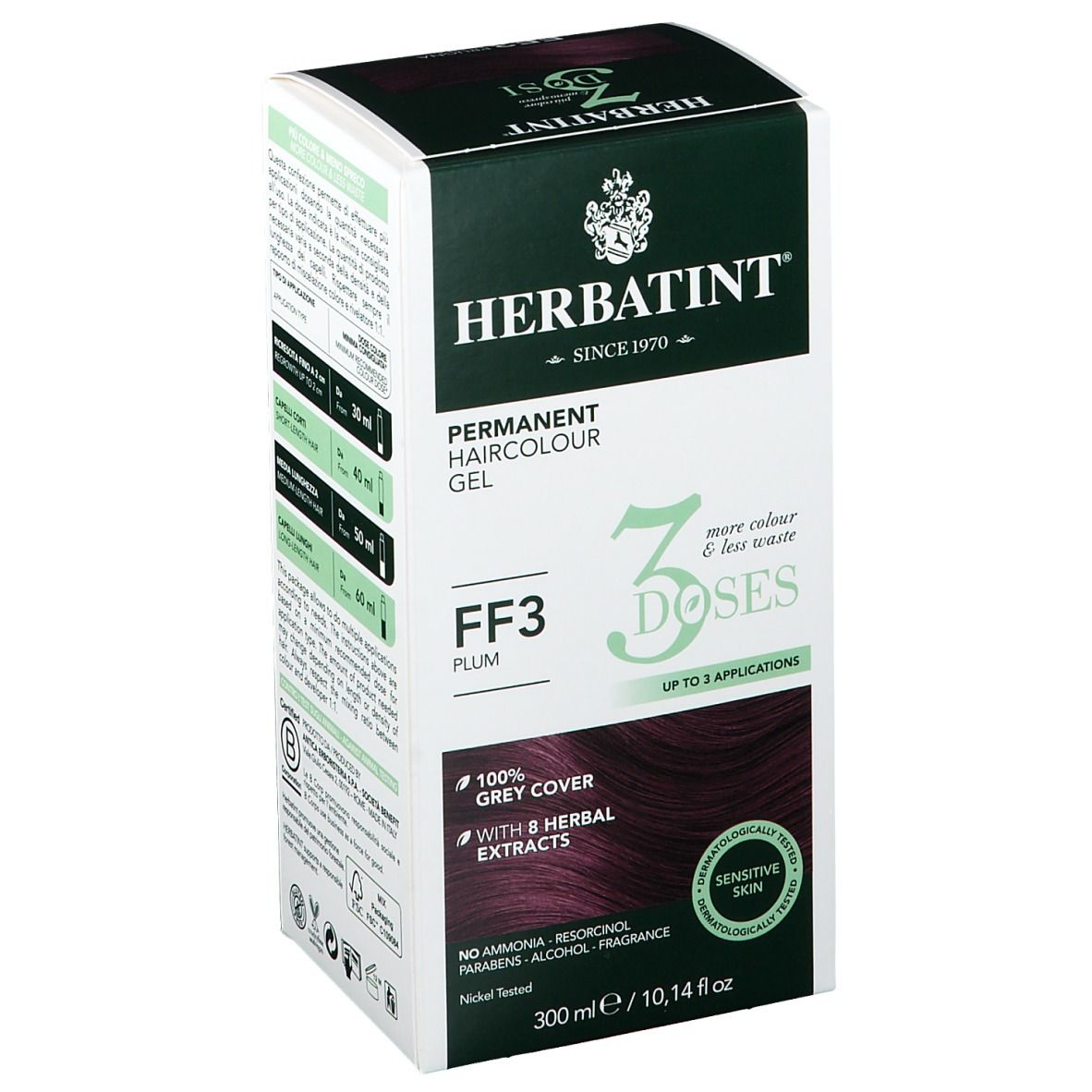 Confezione HERBATINT® Permanent Haircolour Gel. FF3 Prugna, 3 dosi, fino a 3 applicazioni. 300 ml.