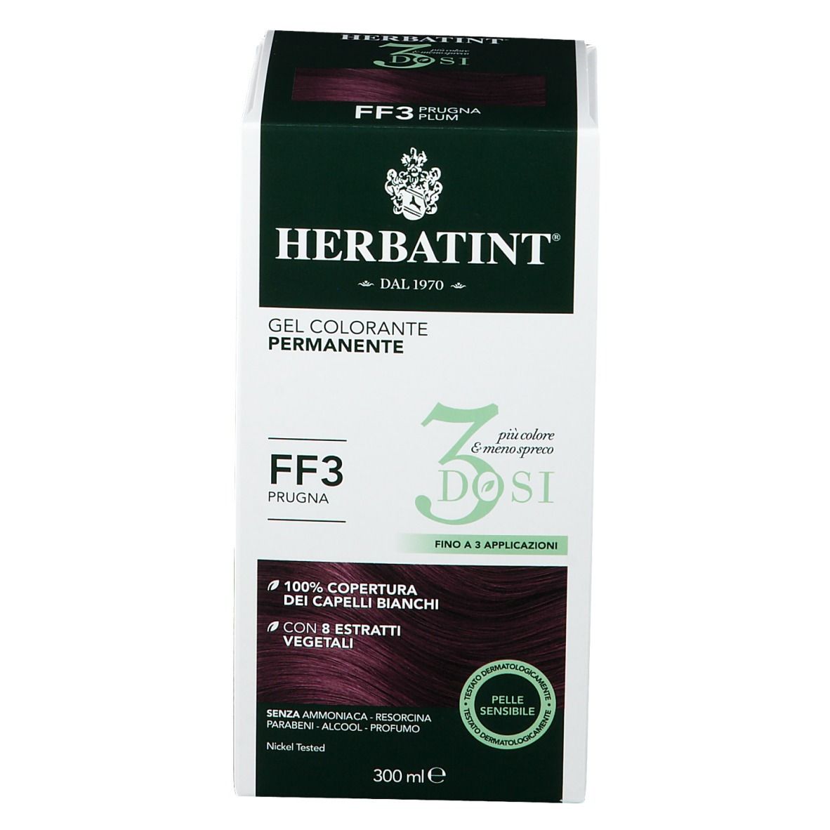 Confezione HERBATINT® Gel Colorante Permanente FF3 Prugna. 3 dosi, fino a 3 applicazioni. 300 ml.