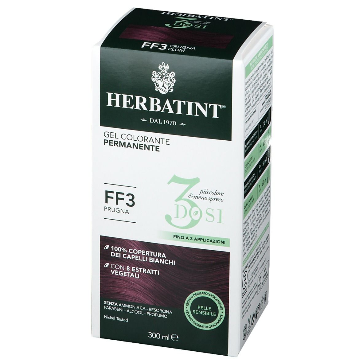 Confezione HERBATINT® Gel Colorante Permanente FF3 Prugna. 3 dosi, fino a 3 applicazioni. 300 ml.