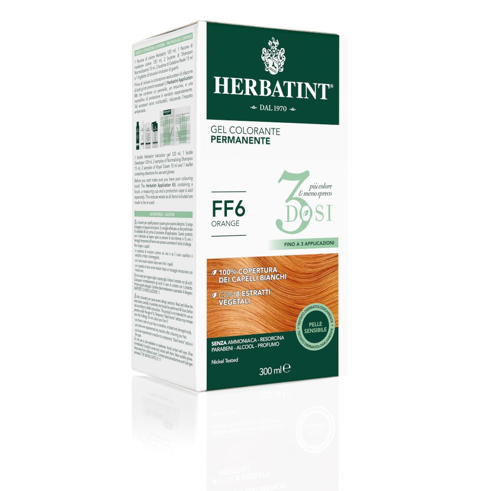 HERBATINT® Haarfarbgel, FF6 Orange, 3 Dosierungen. Verpackung mit Produktinformationen und Logo.