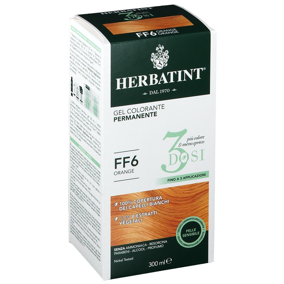 HERBATINT® Haarfarbgel, FF6 Orange, 3 Dosierungen. Verpackung, Vorderseite mit Produktbild.