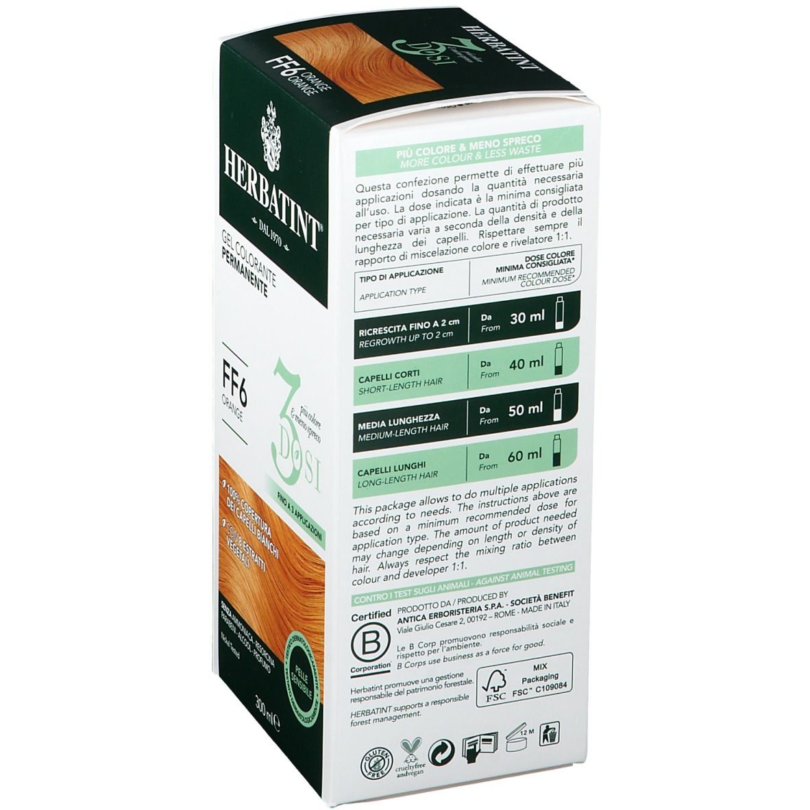 HERBATINT® Haarfarbgel, Verpackung, Rückseite mit Anwendungshinweisen und Dosierung.