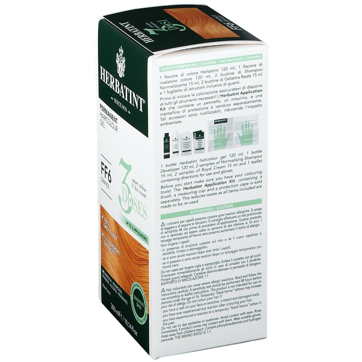 HERBATINT® Haarfarbgel, Verpackung, Rückseite mit Anwendungsanleitung und Inhaltsstoffen.