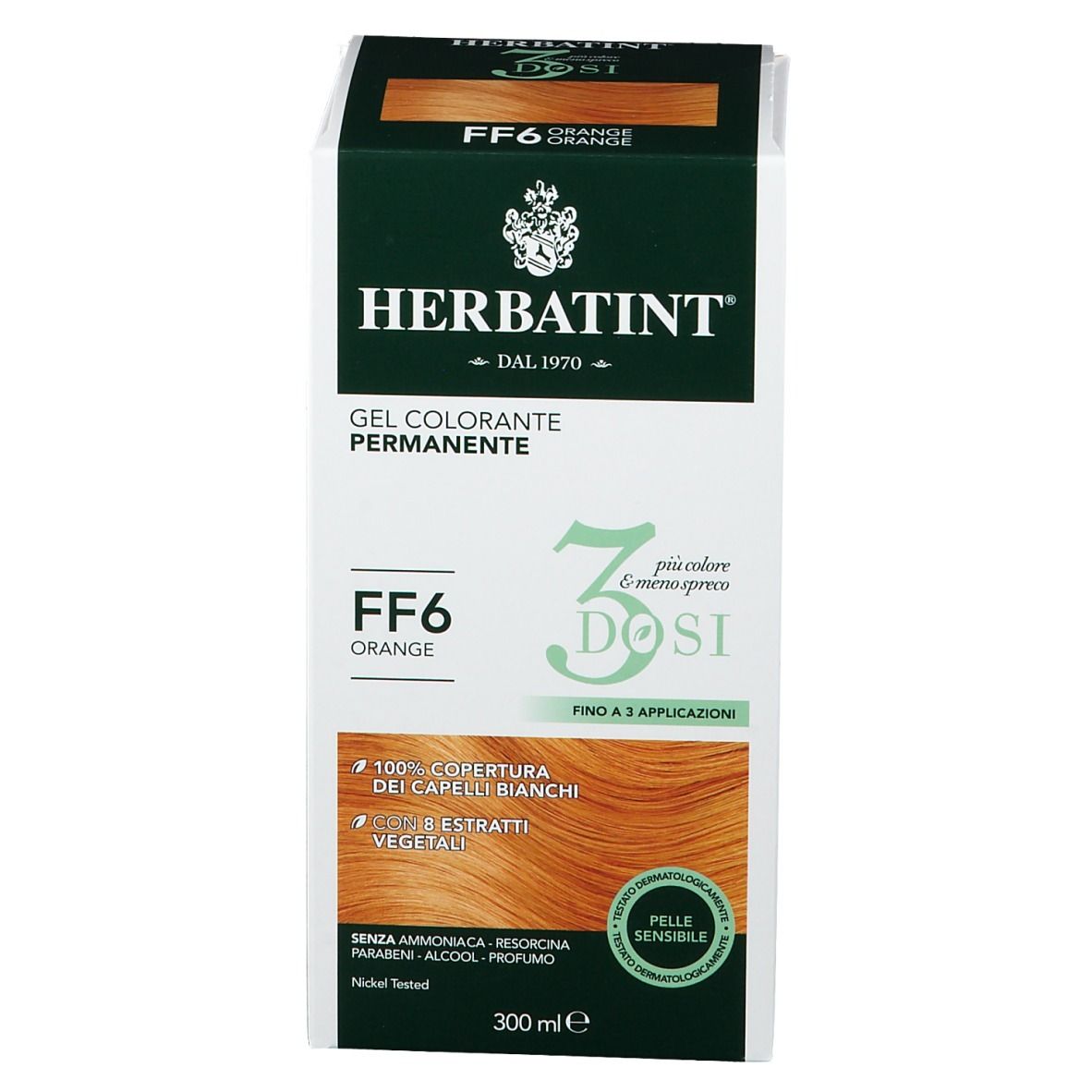 HERBATINT® Haarfarbgel, FF6 Orange, 3 Dosierungen. Verpackung, Vorderseite mit Produktbild.