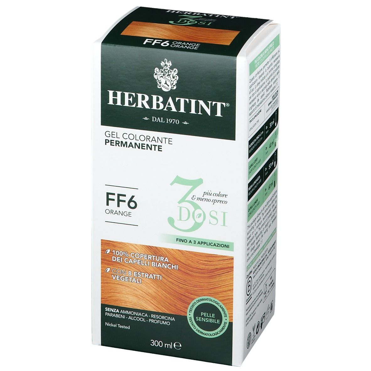 HERBATINT® Haarfarbgel, FF6 Orange, 3 Dosierungen. Verpackung, Vorderseite mit Produktbild.