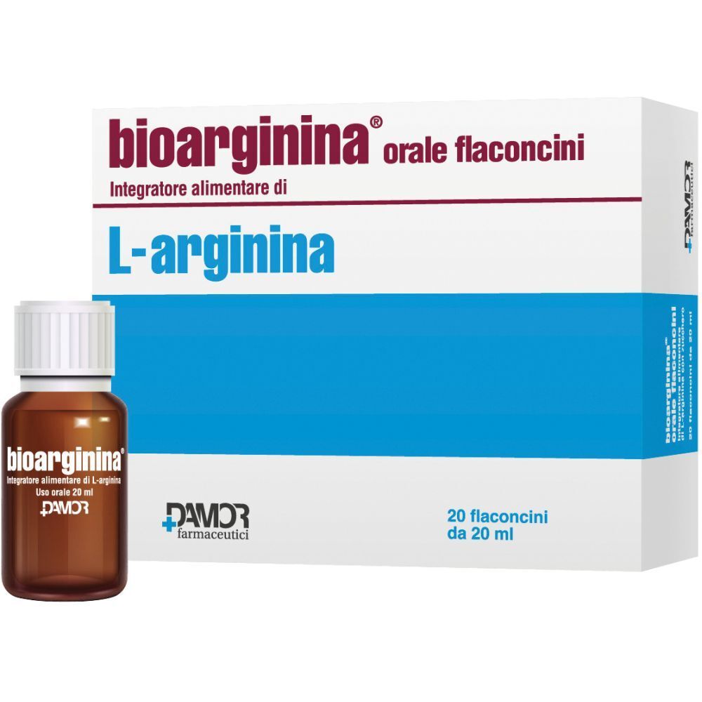 Bioarginina® Orale Flaconcini. Flacone e scatola con informazioni sul prodotto. 20 flaconcini.