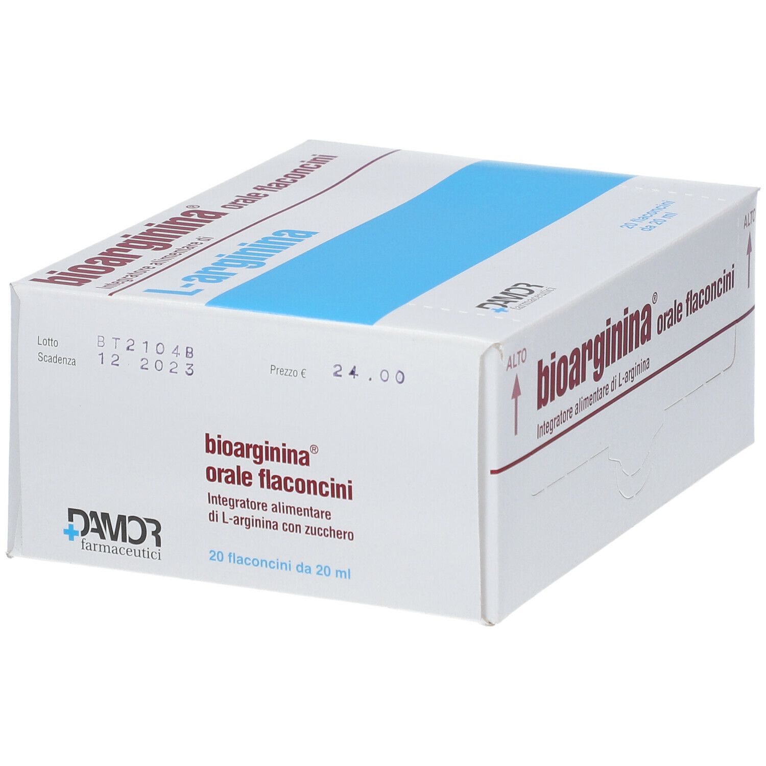 Bioarginina® Orale Flaconcini. Scatola bianca con contrassegno blu. Freccia su.