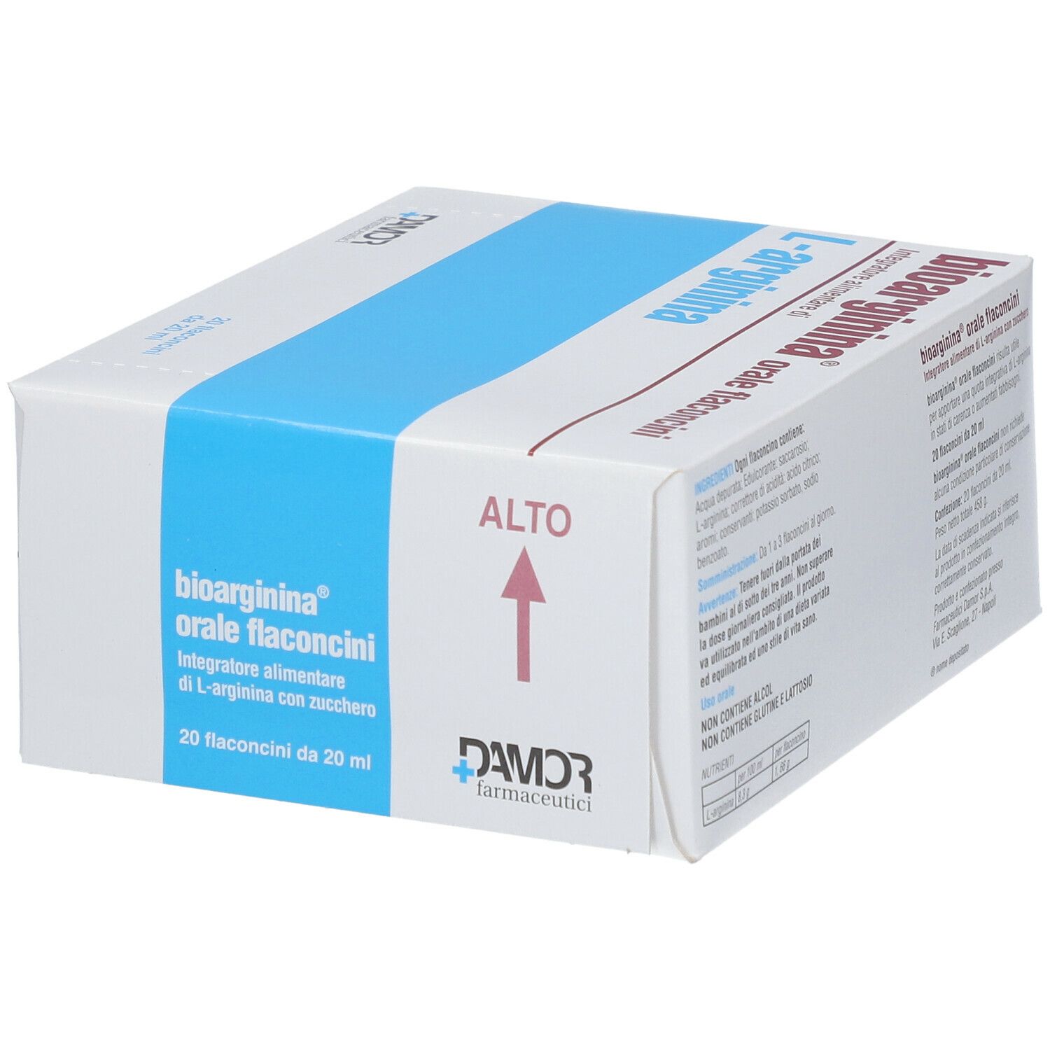 Bioarginina® Orale Flaconcini. Scatola bianca con contrassegno blu. Freccia su.