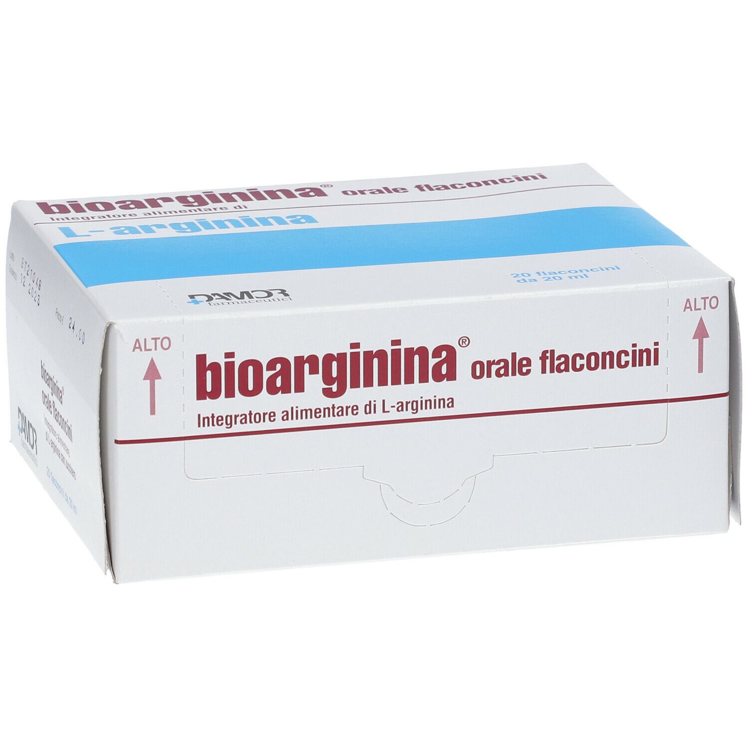 Bioarginina® Orale Flaconcini. Scatola bianca con contrassegno blu. Freccia su.
