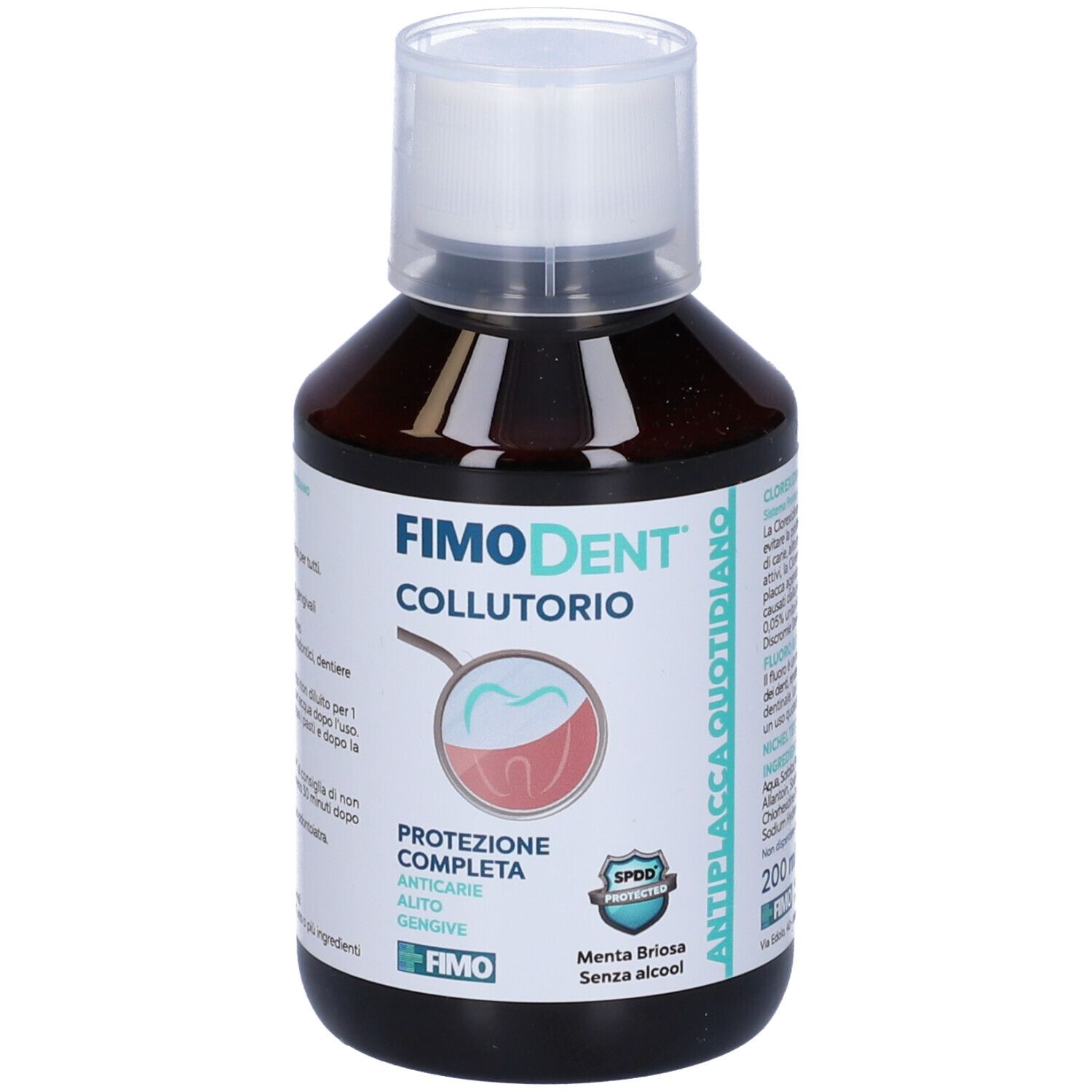 Fimodent Collutorio, collutorio in bottiglia marrone con tappo bianco. Contiene clorexidina, fluoruro e gusto menta.