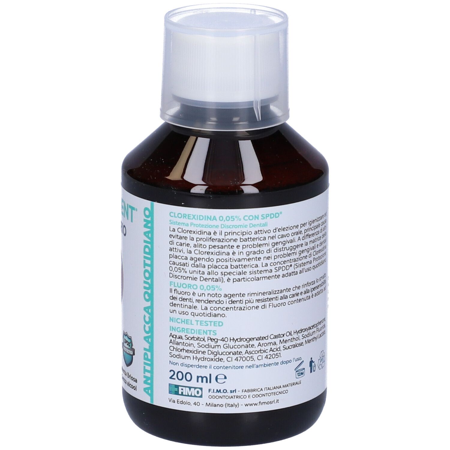 Bottiglia Fimodent Collutorio, 200 ml. Contiene clorexidina 0,05% e fluoruro 0,05%. Con elenco ingredienti.