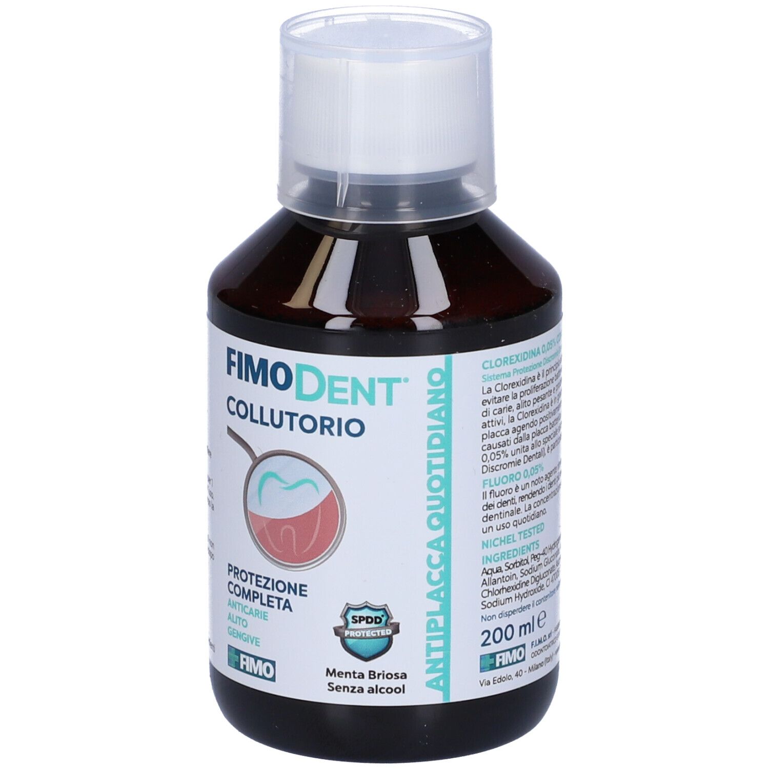 Fimodent Collutorio, collutorio in bottiglia marrone con tappo bianco. 200 ml. Protezione da carie, alito, gengive.
