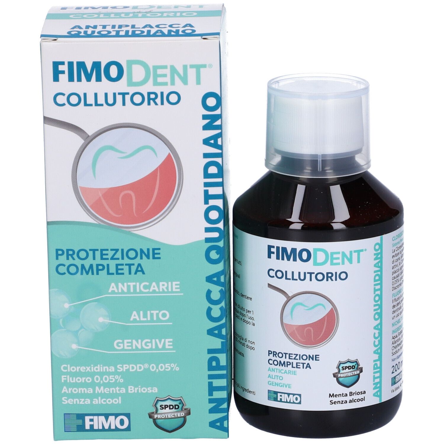 Fimodent Collutorio, collutorio e confezione. Protezione da carie, alito e gengive. Contiene 200 ml.