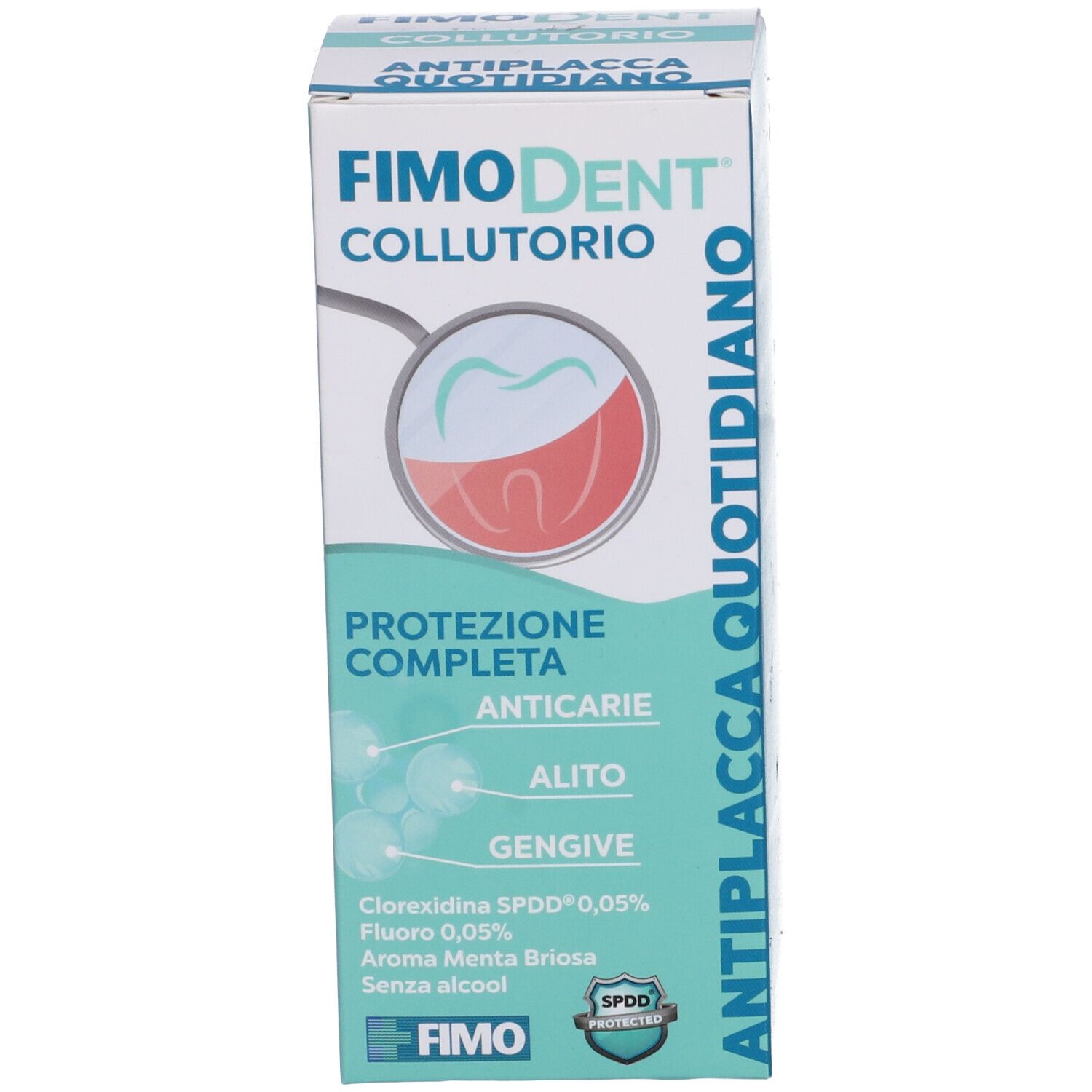 Confezione Fimodent Collutorio. Protezione da carie, alito e gengive. Contiene clorexidina e fluoruro.