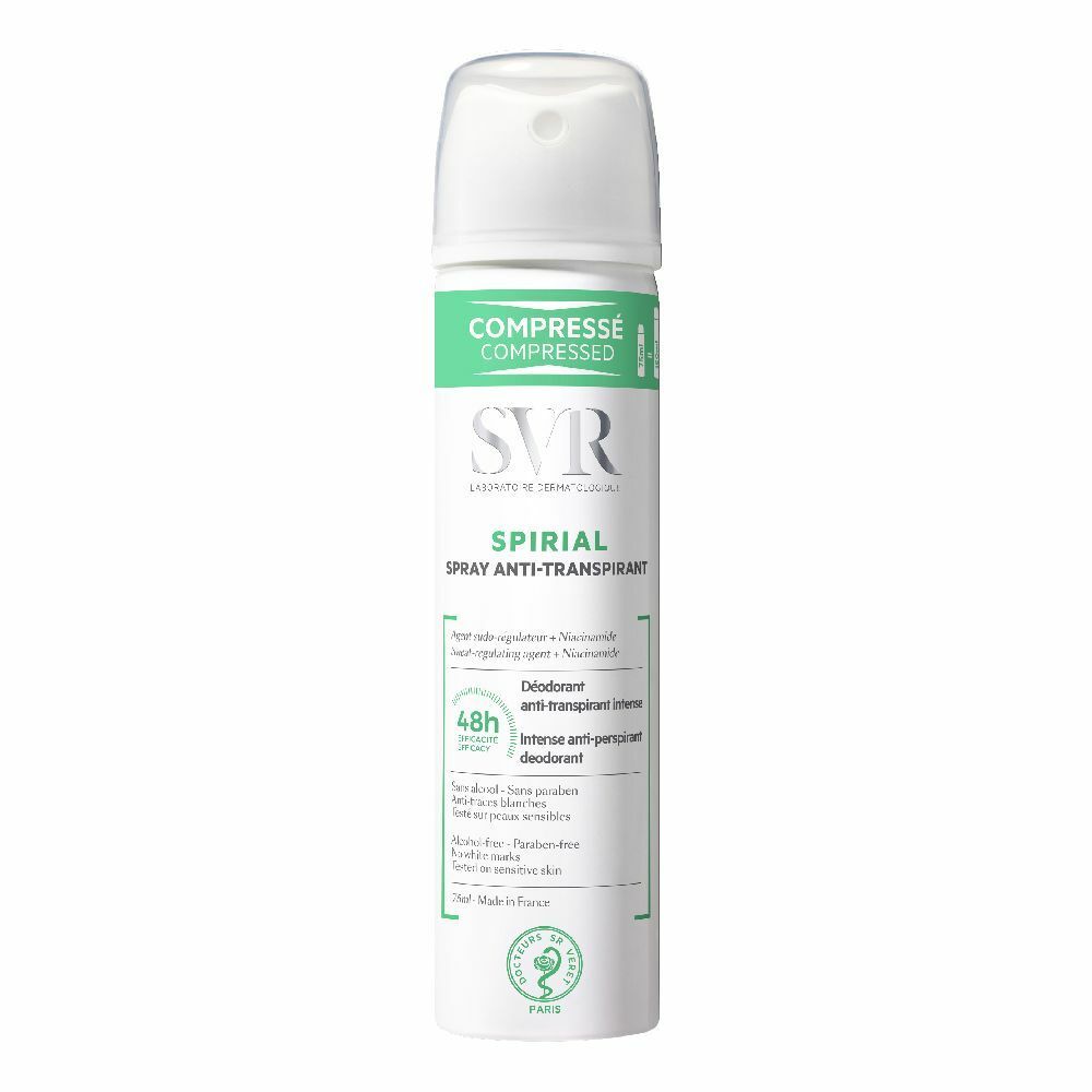 SVR Spirial Spray Anti-Transpirant. Flacone spray bianco con etichetta verde. Nome del prodotto e logo visibili.