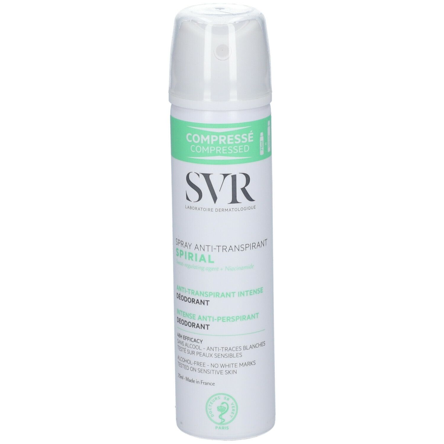 SVR Spirial Spray Anti-Transpirant. Flacone spray bianco con etichetta verde. Nome del prodotto e logo visibili.