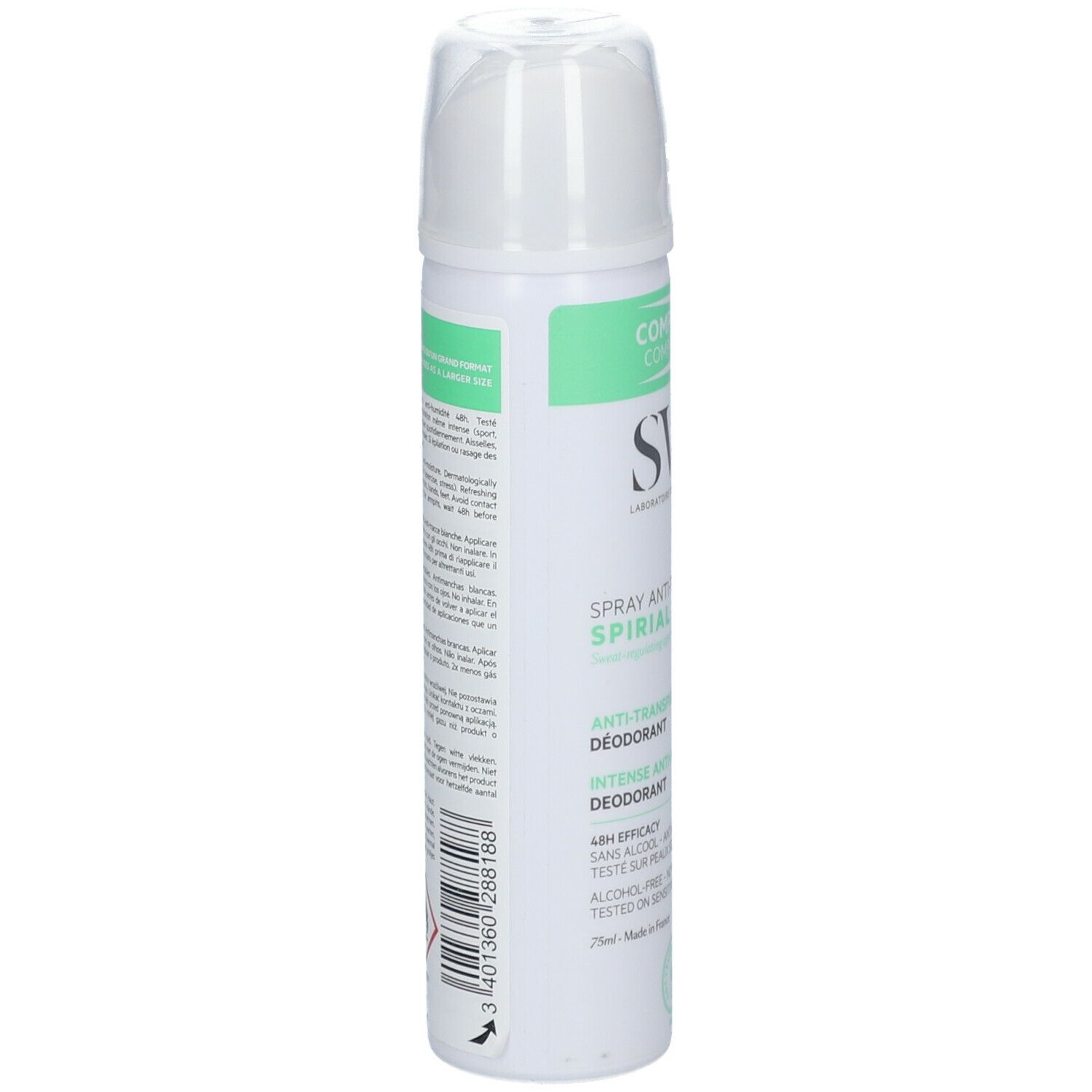 SVR Spirial Spray Anti-Transpirant. Flacone spray bianco con etichetta verde. Nome del prodotto e logo visibili.