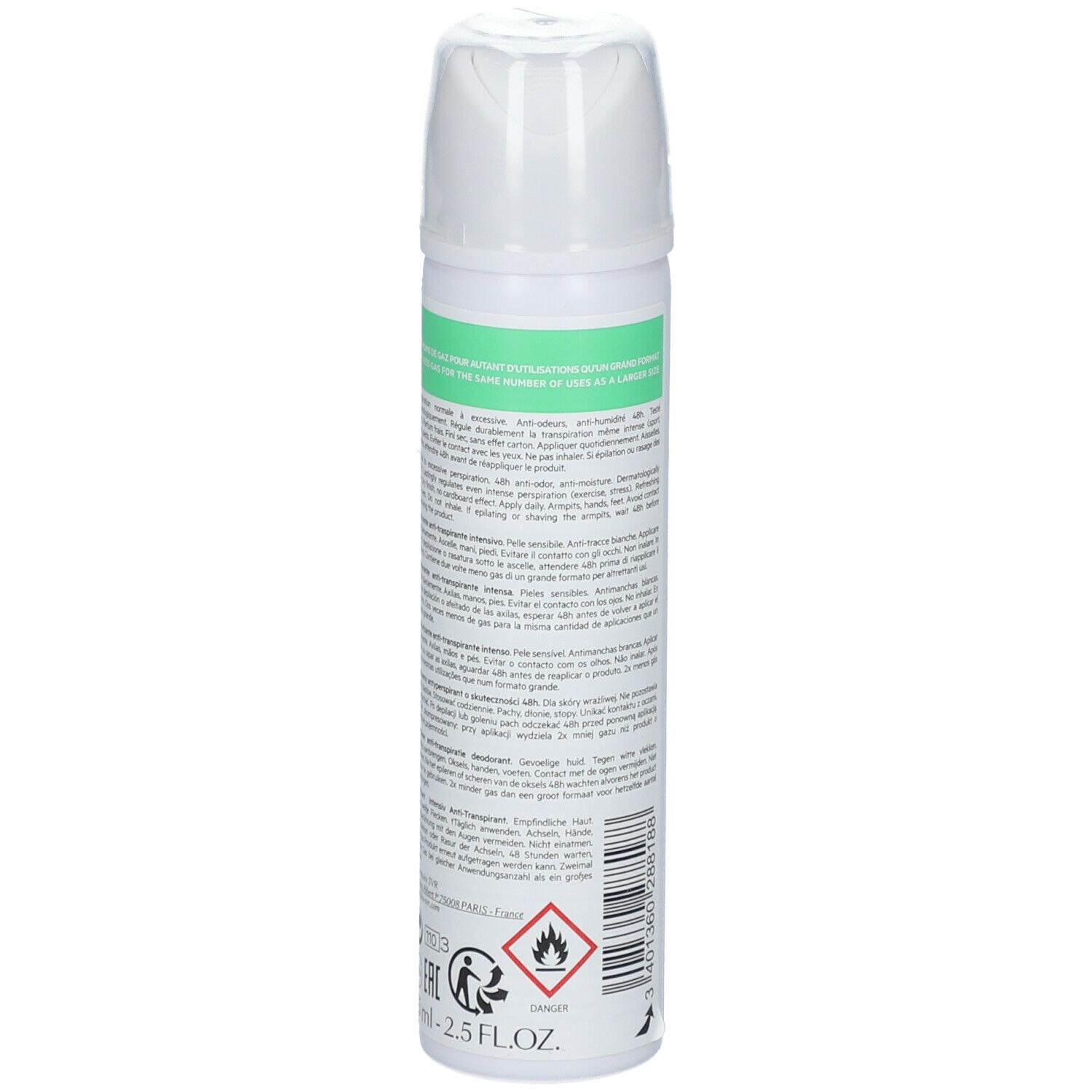 SVR Spirial Spray Anti-Transpirant. Flacone spray bianco con etichetta verde. Nome del prodotto e logo visibili.