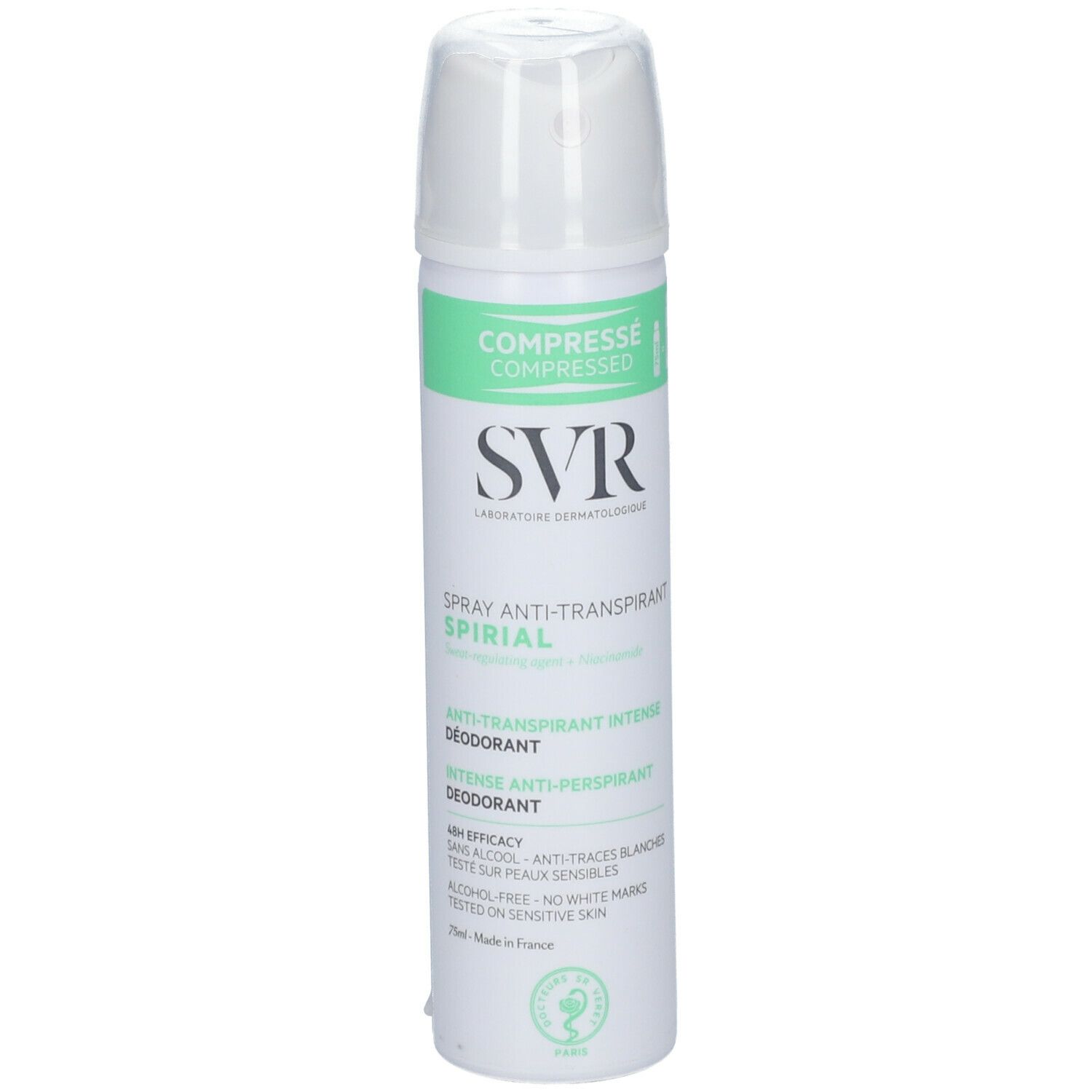 SVR Spirial Spray Anti-Transpirant. Flacone spray bianco con etichetta verde. Nome del prodotto e logo visibili.