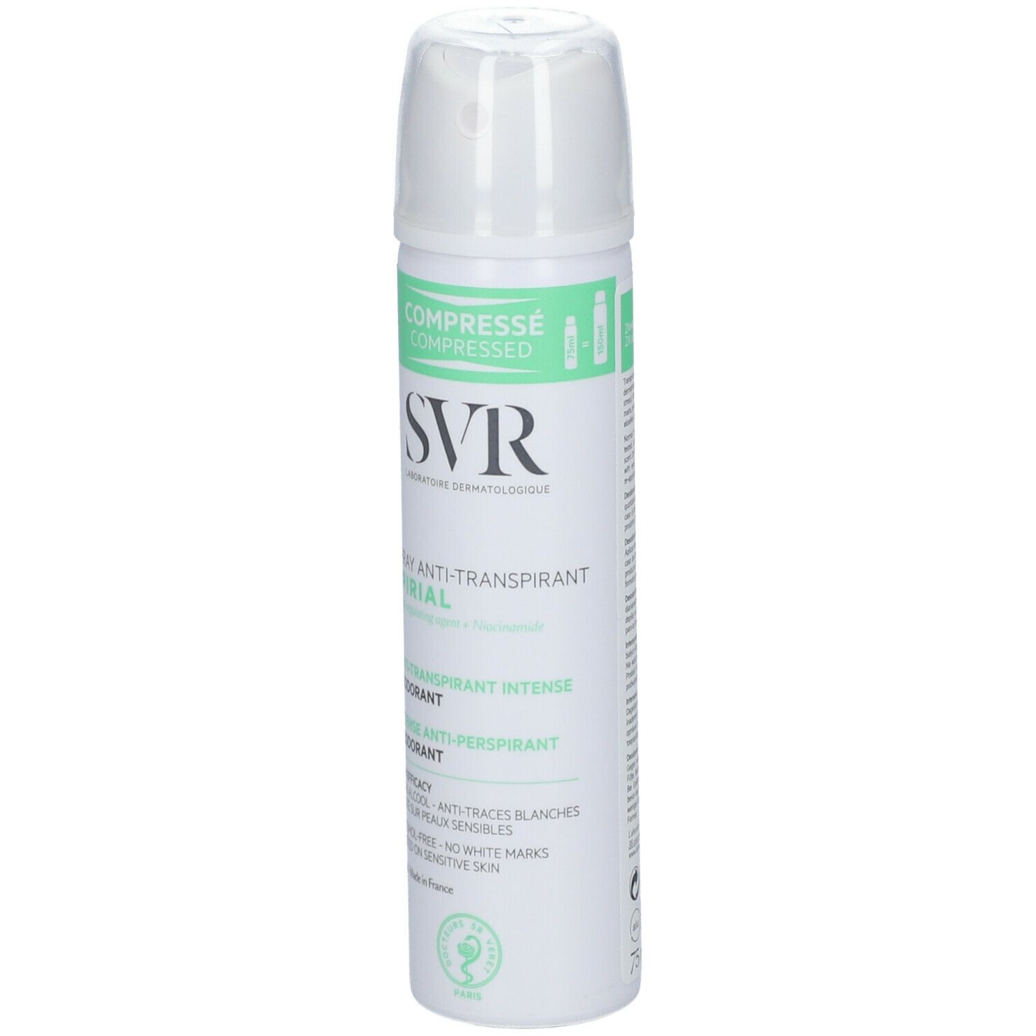 SVR Spirial Spray Anti-Transpirant. Flacone spray bianco con etichetta verde. Nome del prodotto e logo visibili.