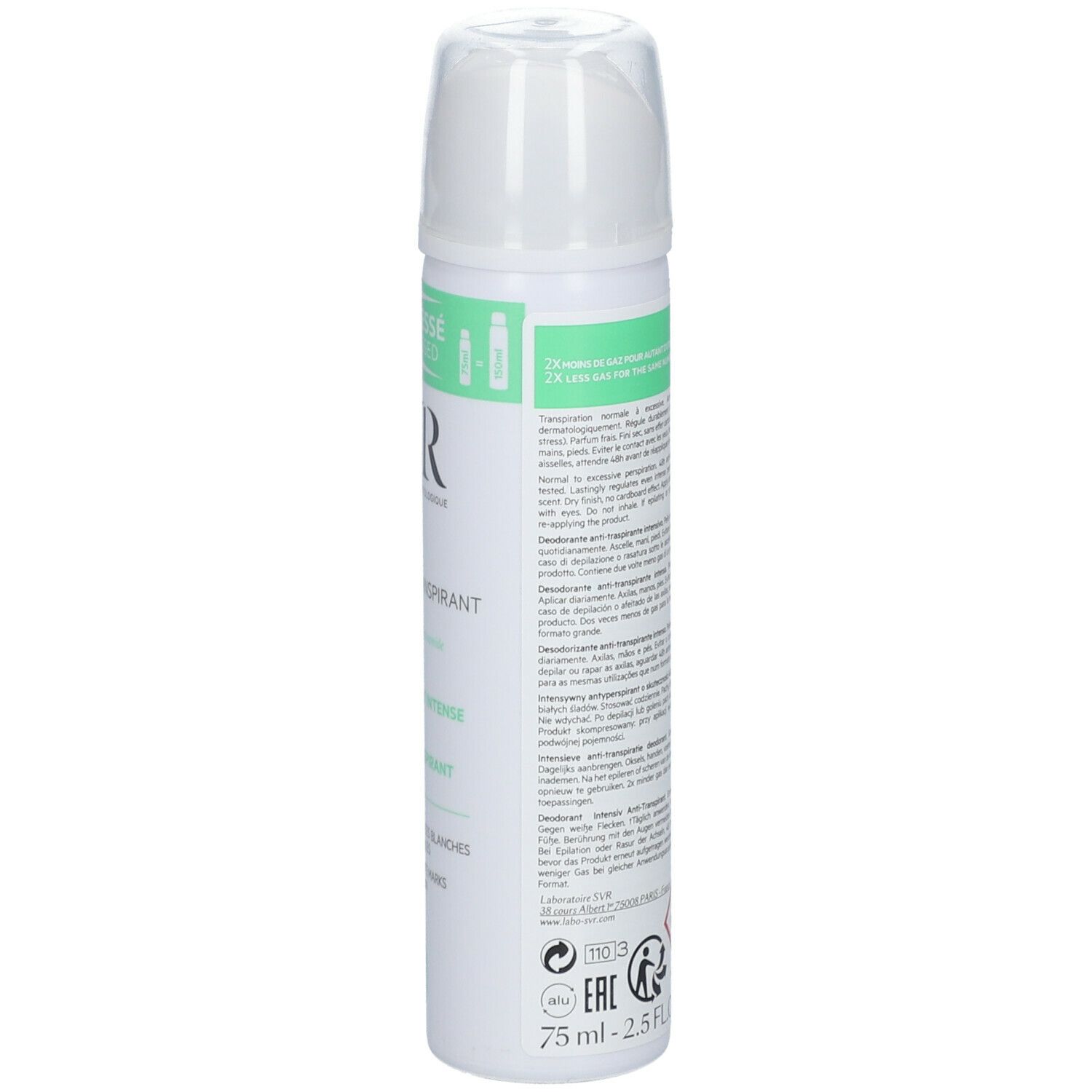 SVR Spirial Spray Anti-Transpirant. Flacone spray bianco con etichetta verde. Nome del prodotto e logo visibili.