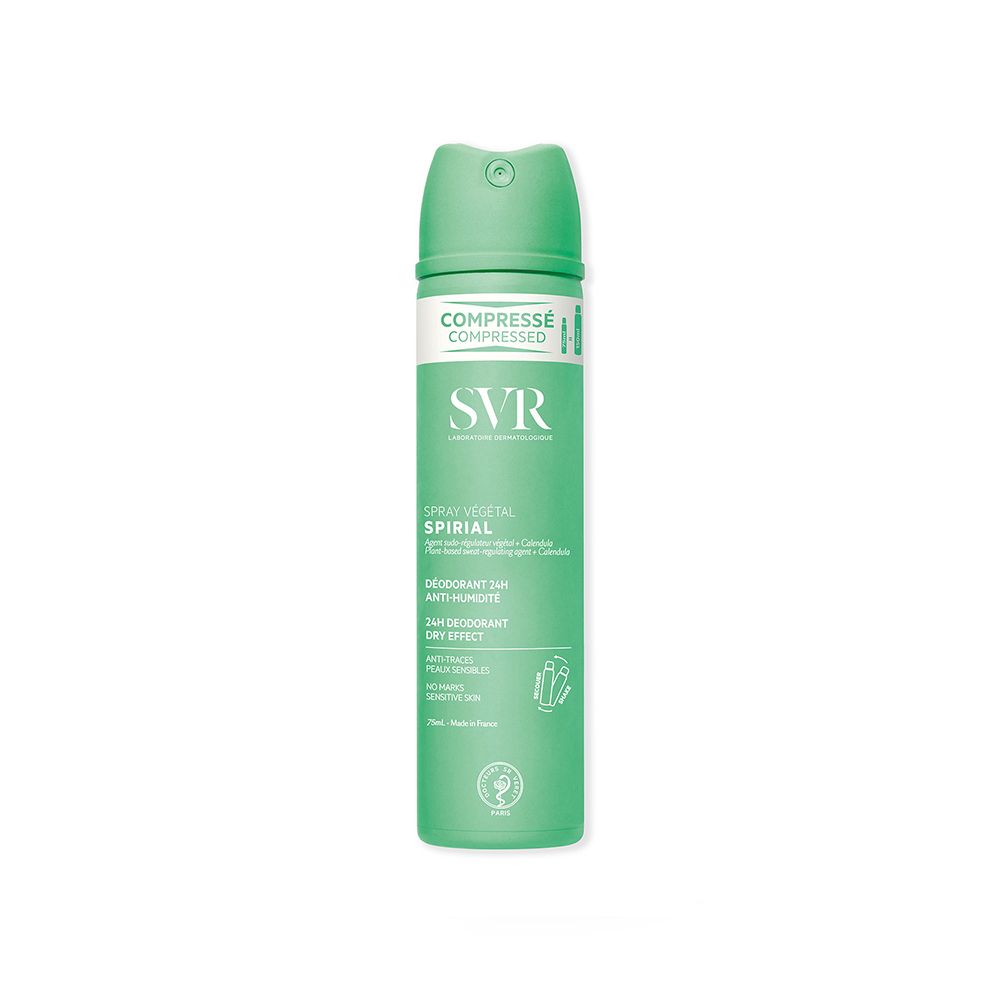 Flacone spray verde con testo bianco. Scritta: SVR Spirial Spray Végétal. Effetto deodorante 24h. Compresso.