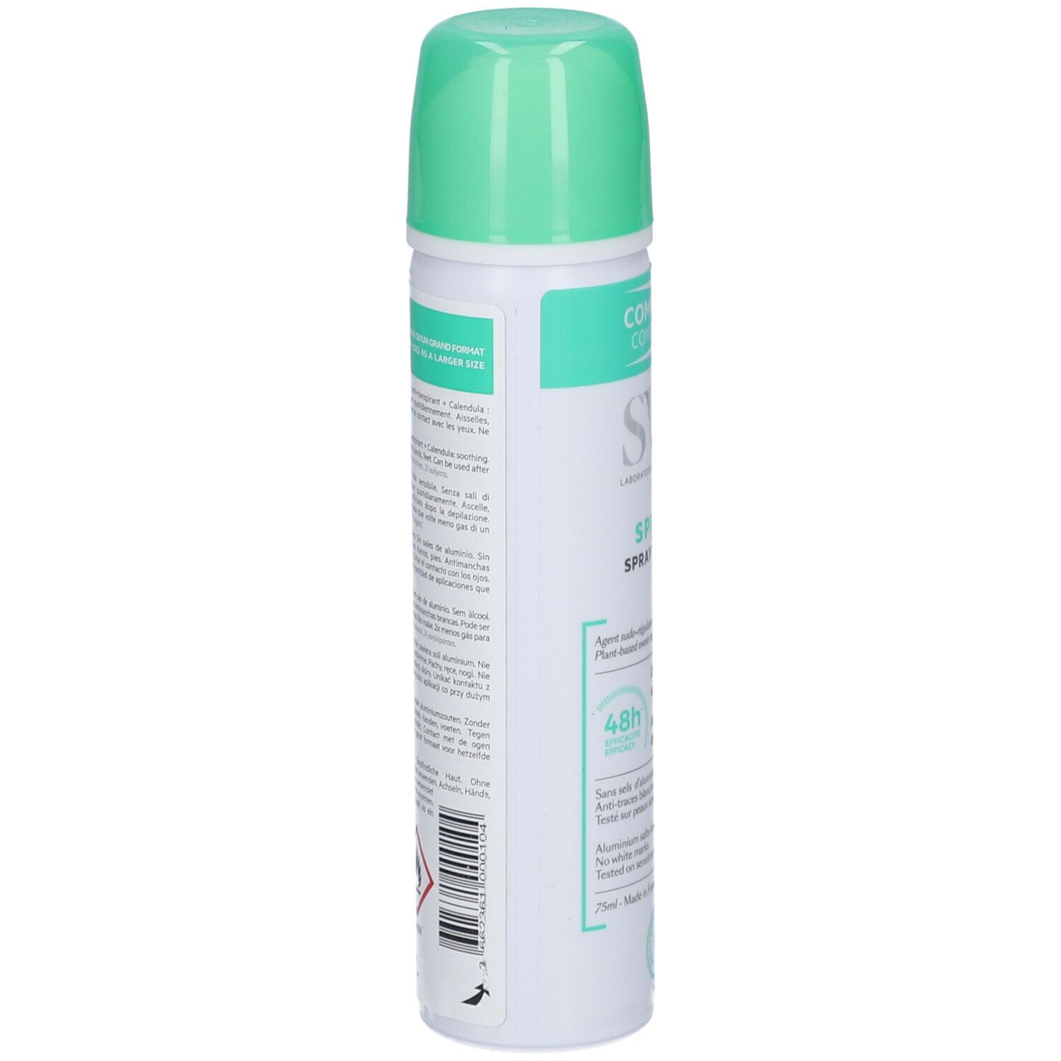 Retro del flacone spray verde. Informazioni testuali, codice a barre e avvertenza. SVR Spirial Spray Végétal.