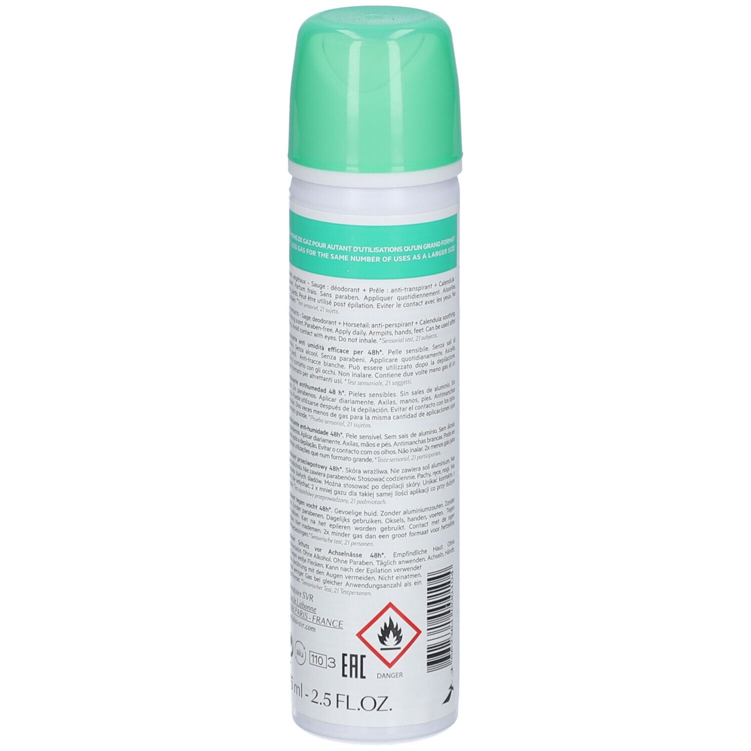 Retro del flacone spray verde. Informazioni testuali, avvertenza e simbolo della fiamma. SVR Spirial Spray Végétal.