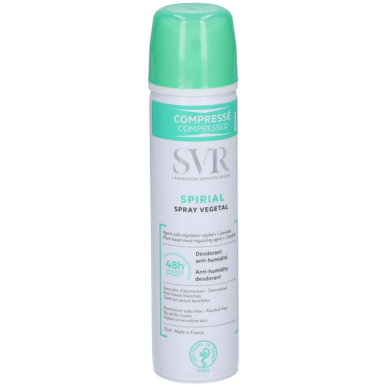 SVR Spirial Spray Végétal, flacone spray verde. Scritta: 48h Anti-Humidité. Laboratoire Dermatologique.