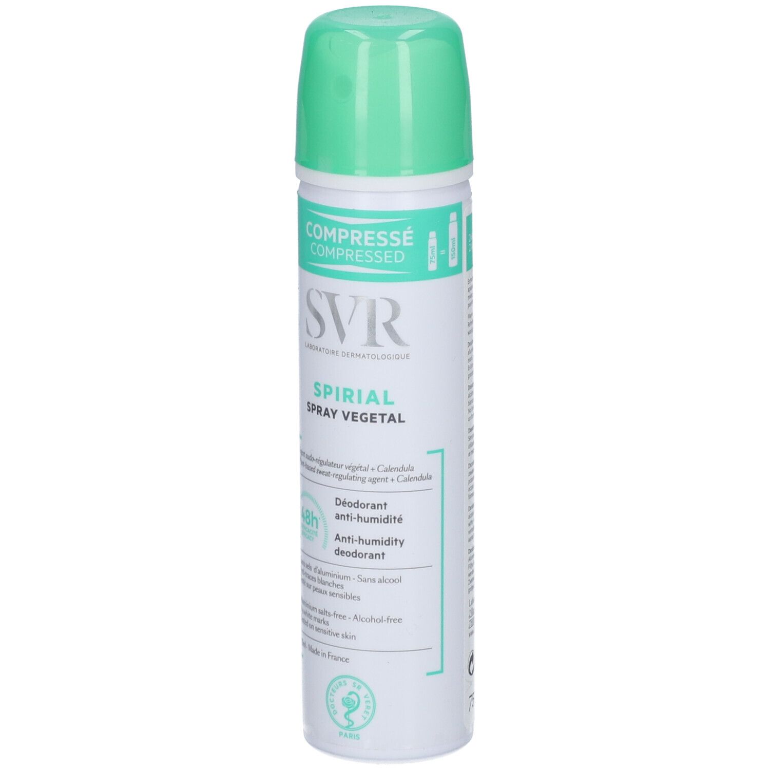 SVR Spirial Spray Végétal, flacone spray verde. Scritta: 48h Anti-Humidité. Laboratoire Dermatologique.