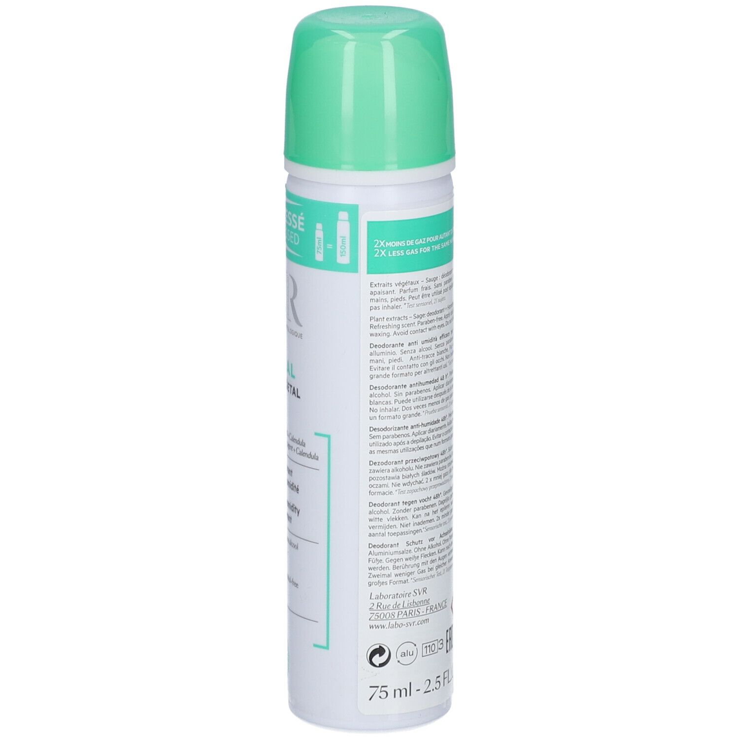 Retro del flacone spray verde. Informazioni testuali, indicazione del volume 75 ml. SVR Spirial Spray Végétal.