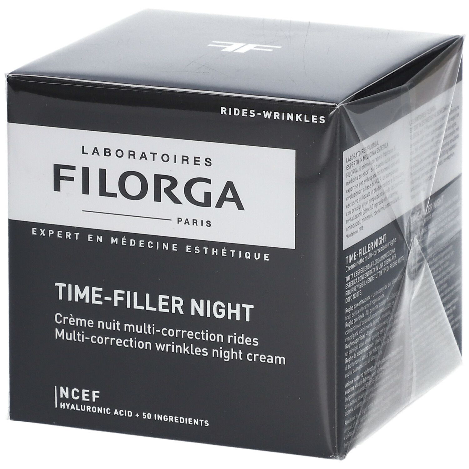 Schwarzer Karton mit weißer Schrift. Aufschrift: FILORGA, TIME-FILLER NIGHT. Multi-Korrektur-Falten-Nachtcreme. NCEF.