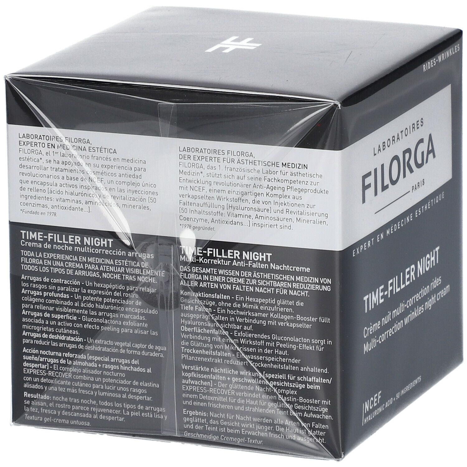Schwarzer Karton, teilweise transparent verpackt. Aufschrift: FILORGA, TIME-FILLER NIGHT. Mehrfach-Korrektur-Falten-Nachtcreme.