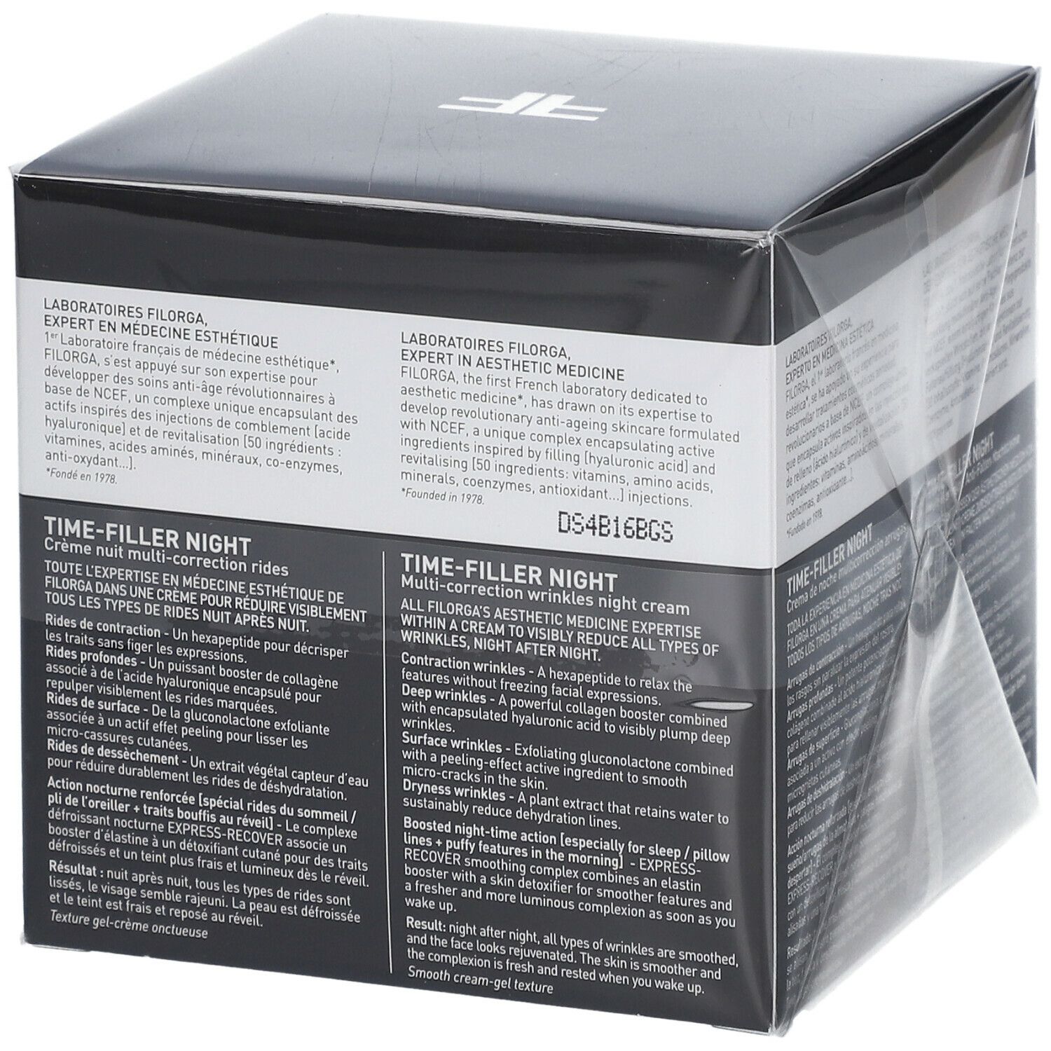 Schwarzer Karton, teilweise transparent verpackt. Aufschrift: FILORGA, TIME-FILLER NIGHT. Mehrfach-Korrektur-Falten-Nachtcreme.