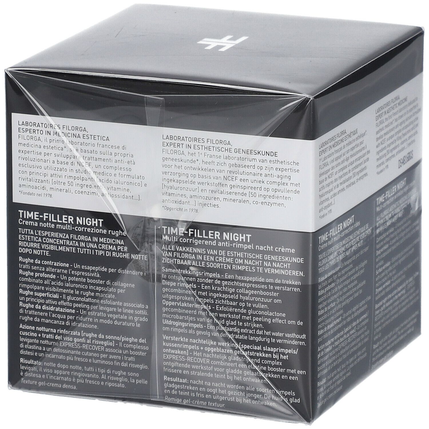 Schwarzer Karton, teilweise transparent verpackt. Aufschrift: FILORGA, TIME-FILLER NIGHT. Mehrfach-Korrektur-Falten-Nachtcreme.