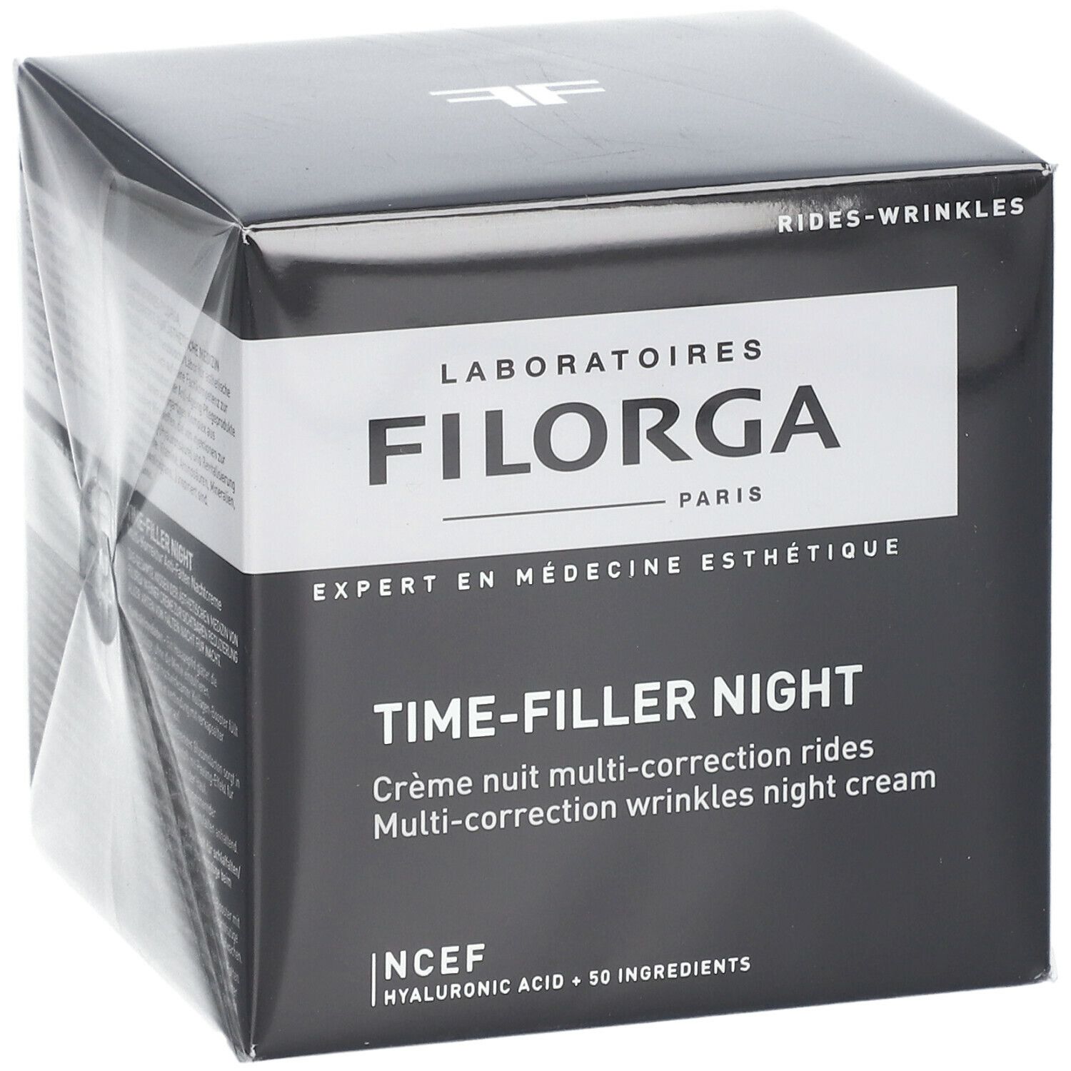 Schwarzer Karton. Aufschrift: FILORGA, TIME-FILLER NIGHT. Mehrfach-Korrektur-Falten-Nachtcreme. NCEF.