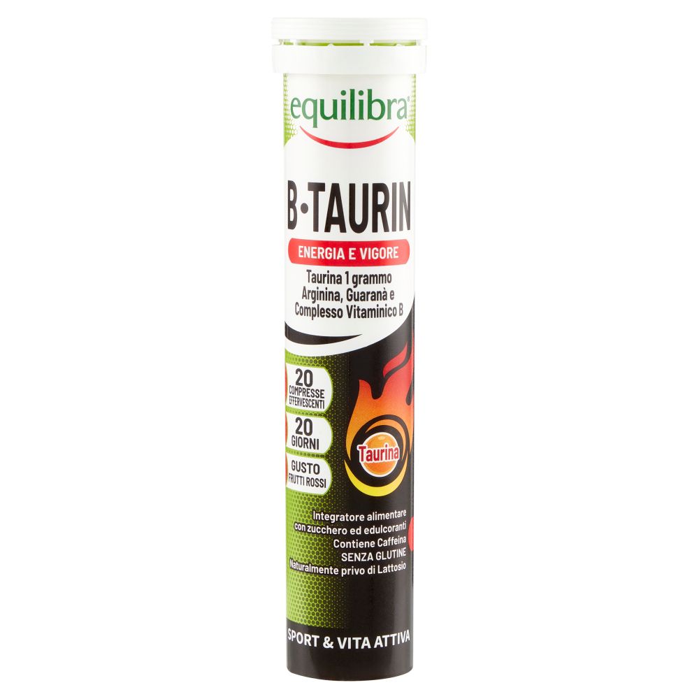 Emballage cylindrique Equilibra B-Taurin. Contient 20 comprimés effervescents. Inscription : Énergie et vigueur.