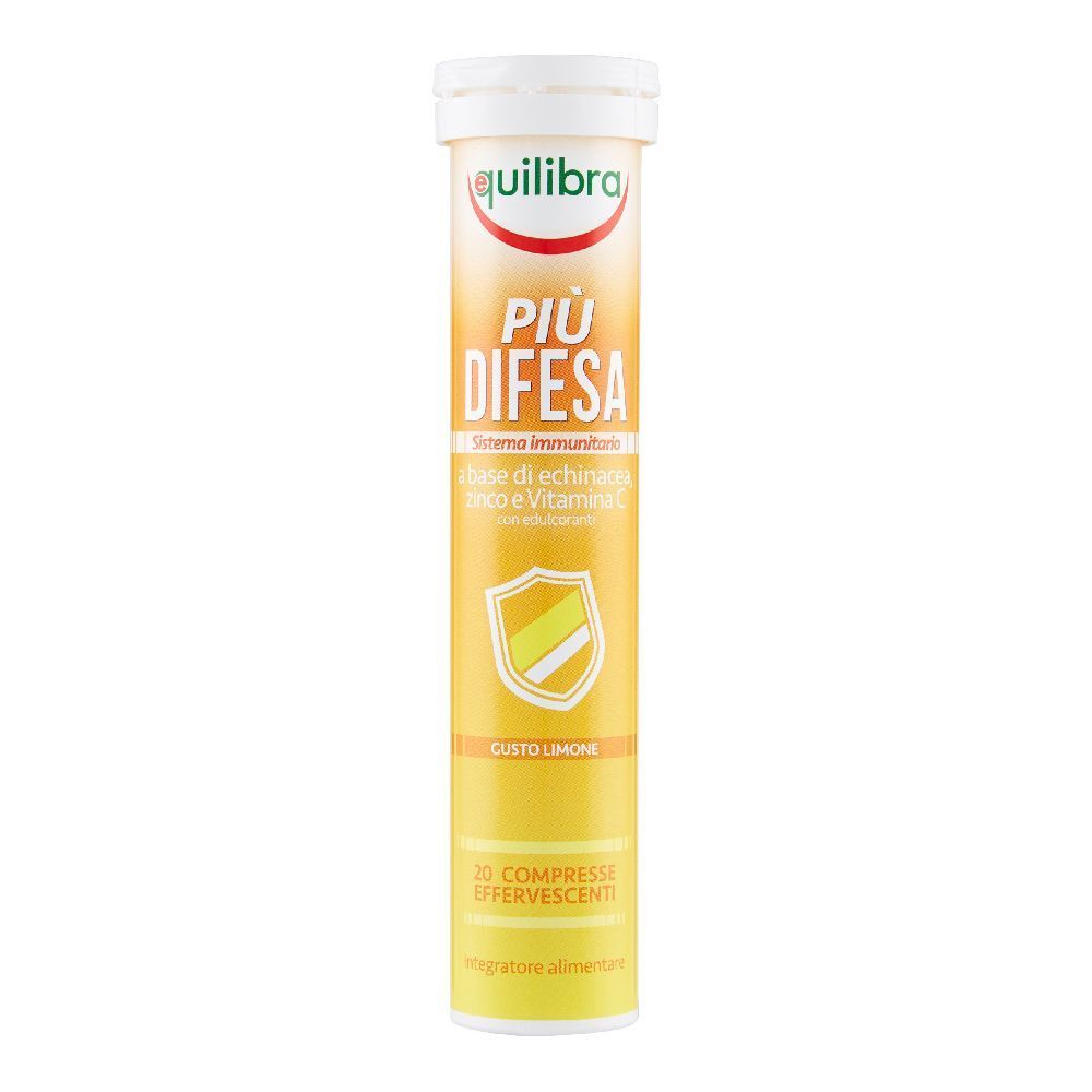 Confezione cilindrica di compresse effervescenti. Scritta: Equilibra Più Difesa, gusto limone. Contiene 20 compresse.